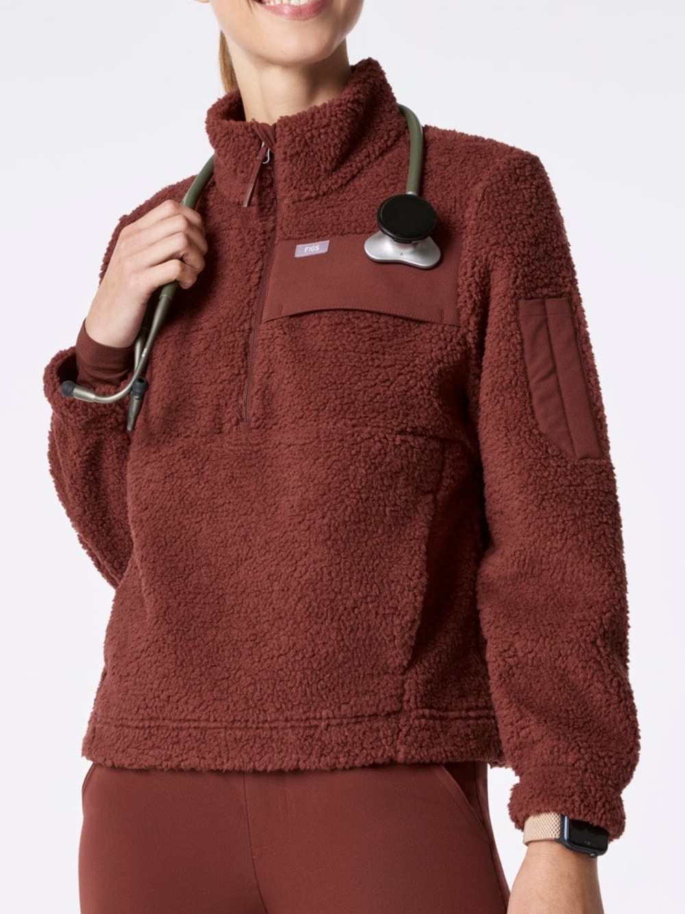 Figs Women's High Pile Fleece Pullover Half-Zip Jacket - Size S/Walnut